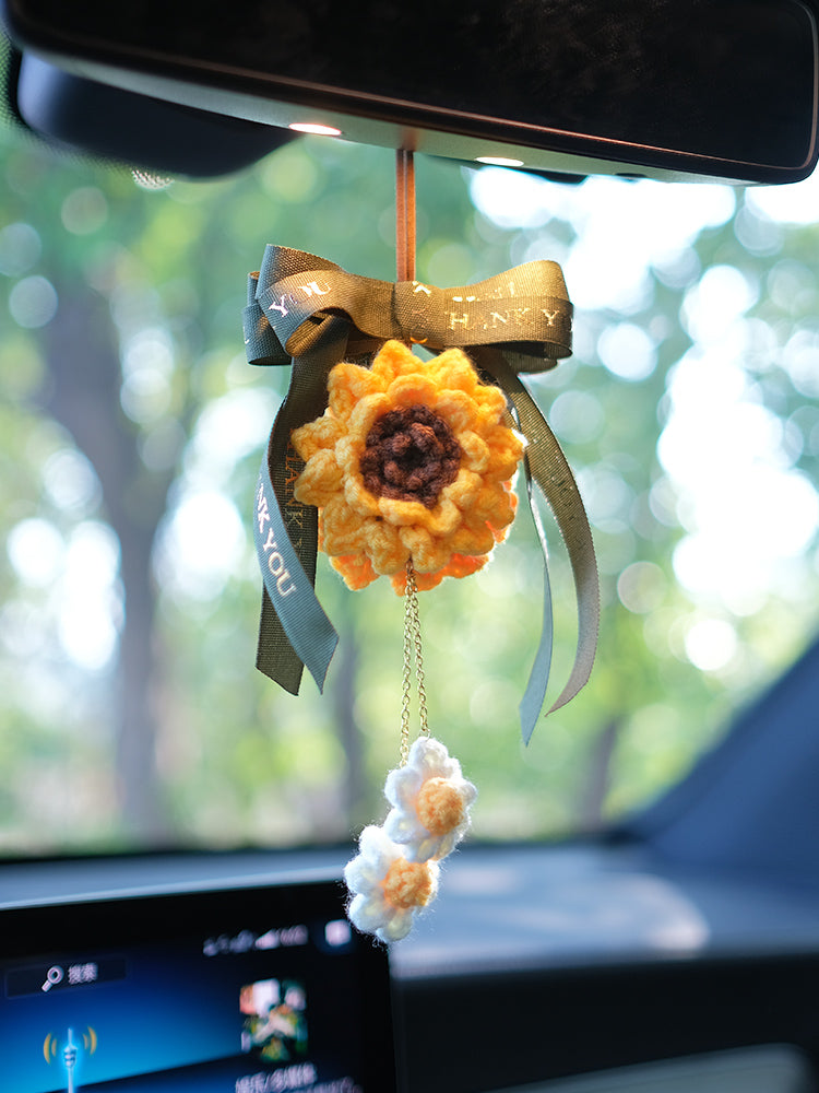 Crochet Hanging Sunflower Car Decor Mirror Hanging Accessories