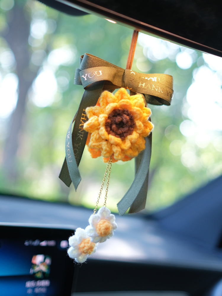 Crochet Hanging Sunflower Car Decor Mirror Hanging Accessories