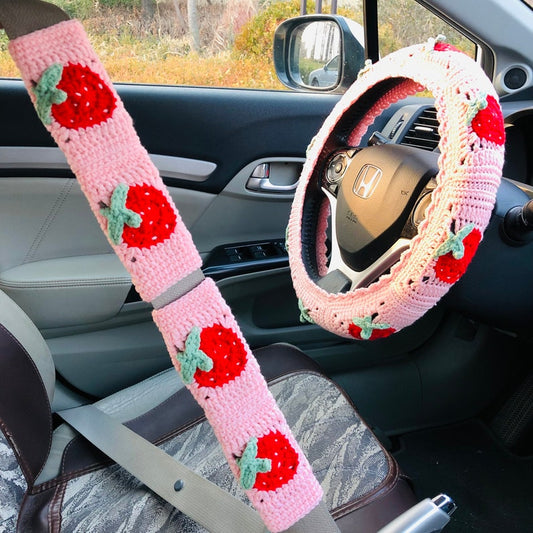 Strawberry Handmade Crochet Steering Wheel Cover Seat Belt S