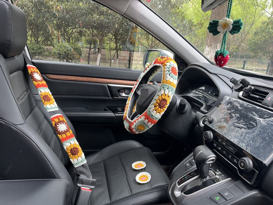 Sunflower Crochet Handmade Steering Wheel Cover Seat Belt Cover