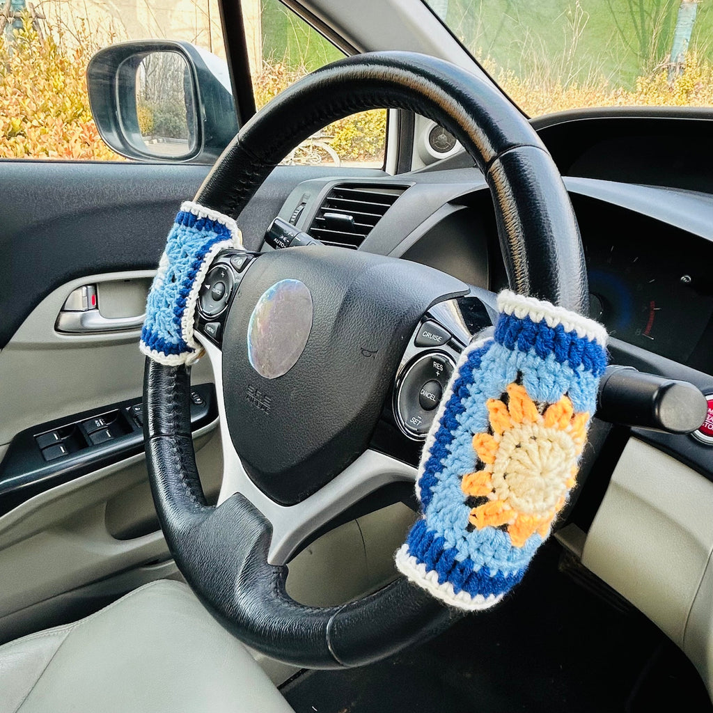Star Moon And Sun Crochet Handmade Steering Wheel Cover Seat Belt Cover