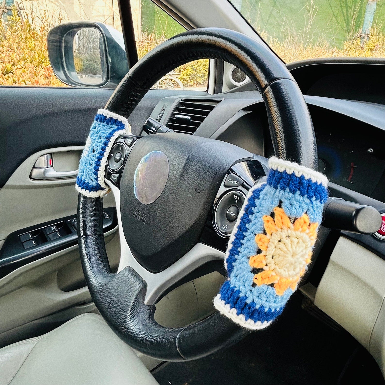Star Moon And Sun Crochet Handmade Steering Wheel Cover Seat Belt Cover