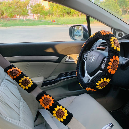 Women Crochet Handmade Steering Wheel Cover Seat Belt Cover