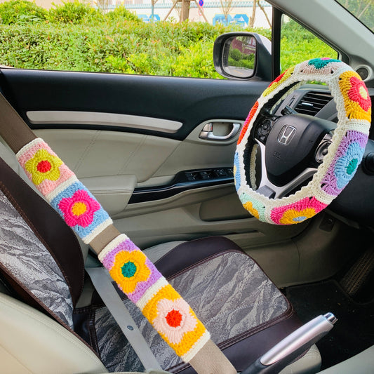 Flower Handmade Crochet Steering Wheel Cover Seat Belt Cover