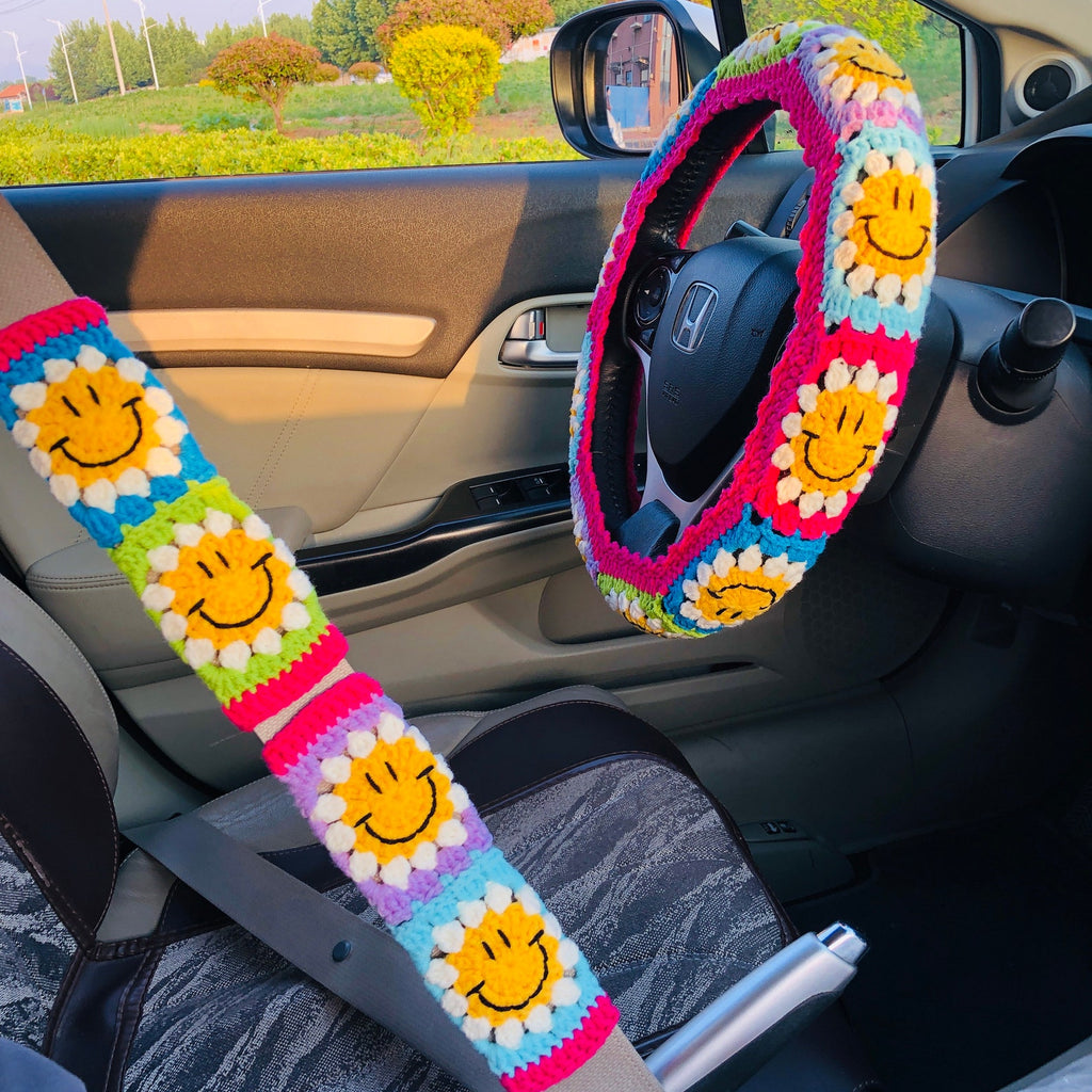 Colorful Happy Handmade Crochet Steering Wheel Cover Seat Belt Cover