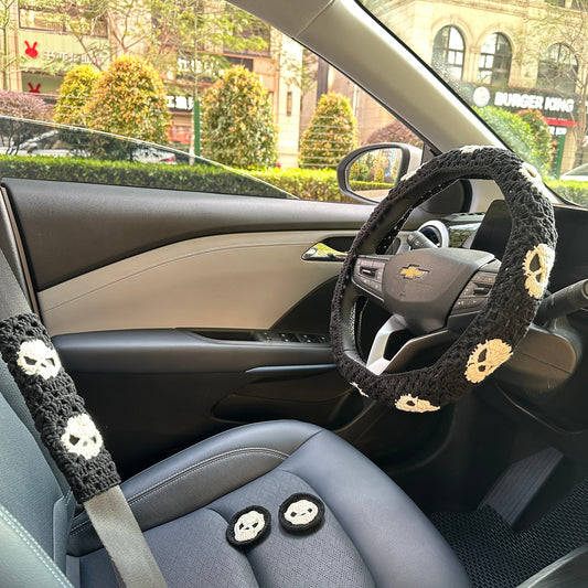 Black Flower Handmade Crochet Steering Wheel Cover Seat Belt Cover