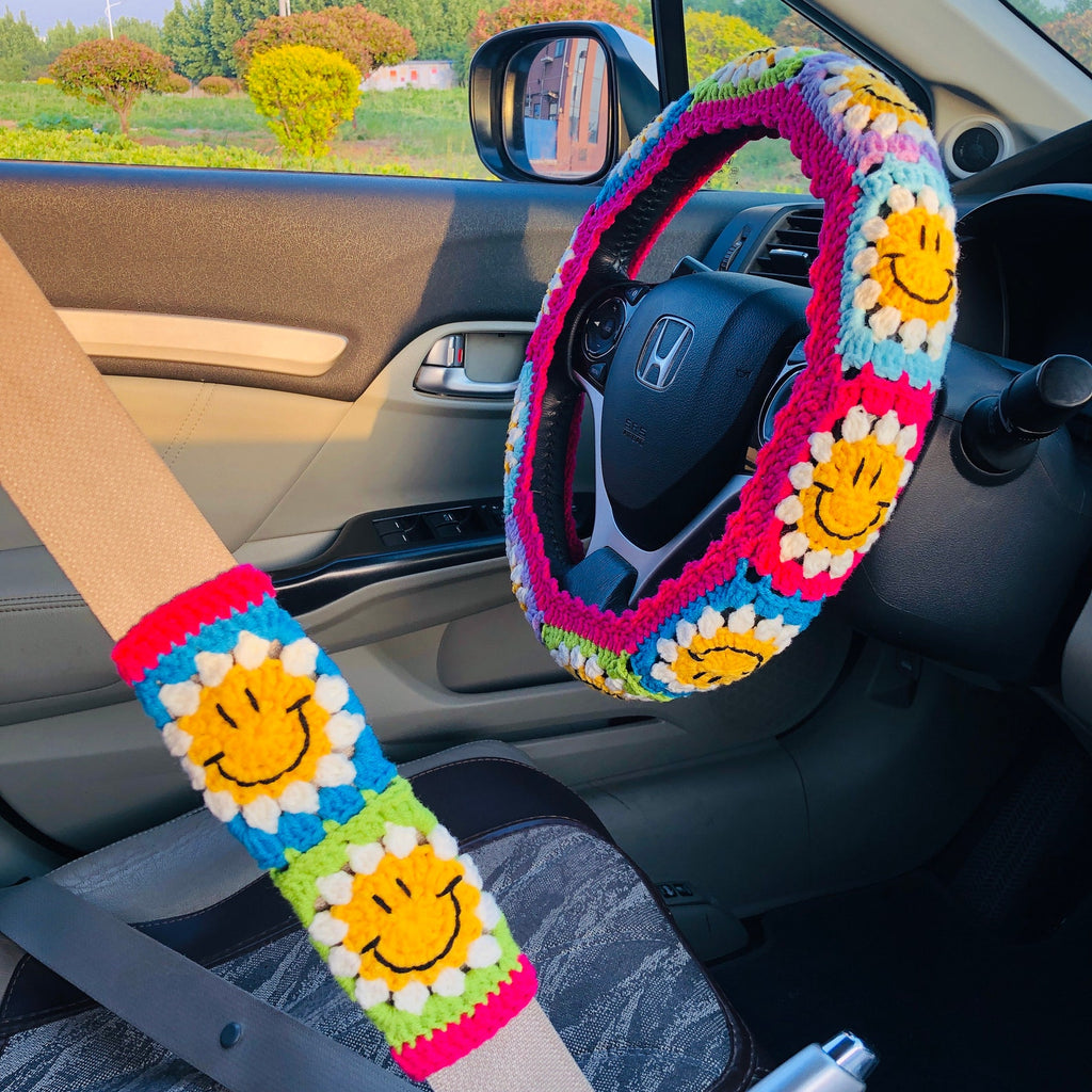 Colorful Happy Handmade Crochet Steering Wheel Cover Seat Belt Cover