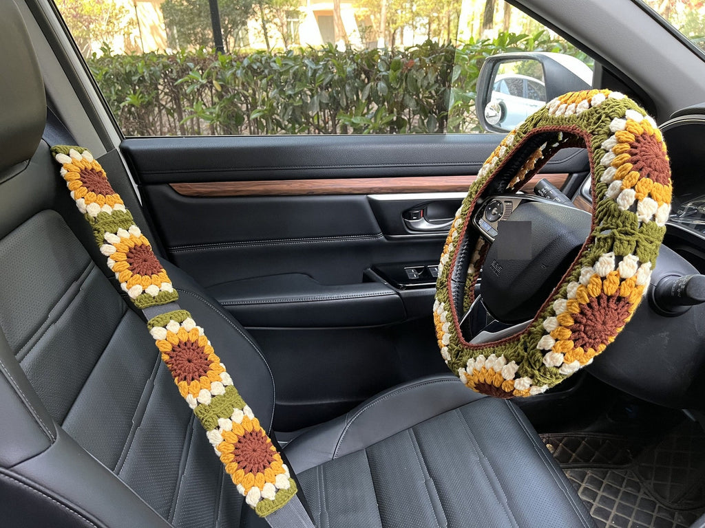 Sunflower Handmade Crochet Steering Wheel Cover Seat Belt Cover