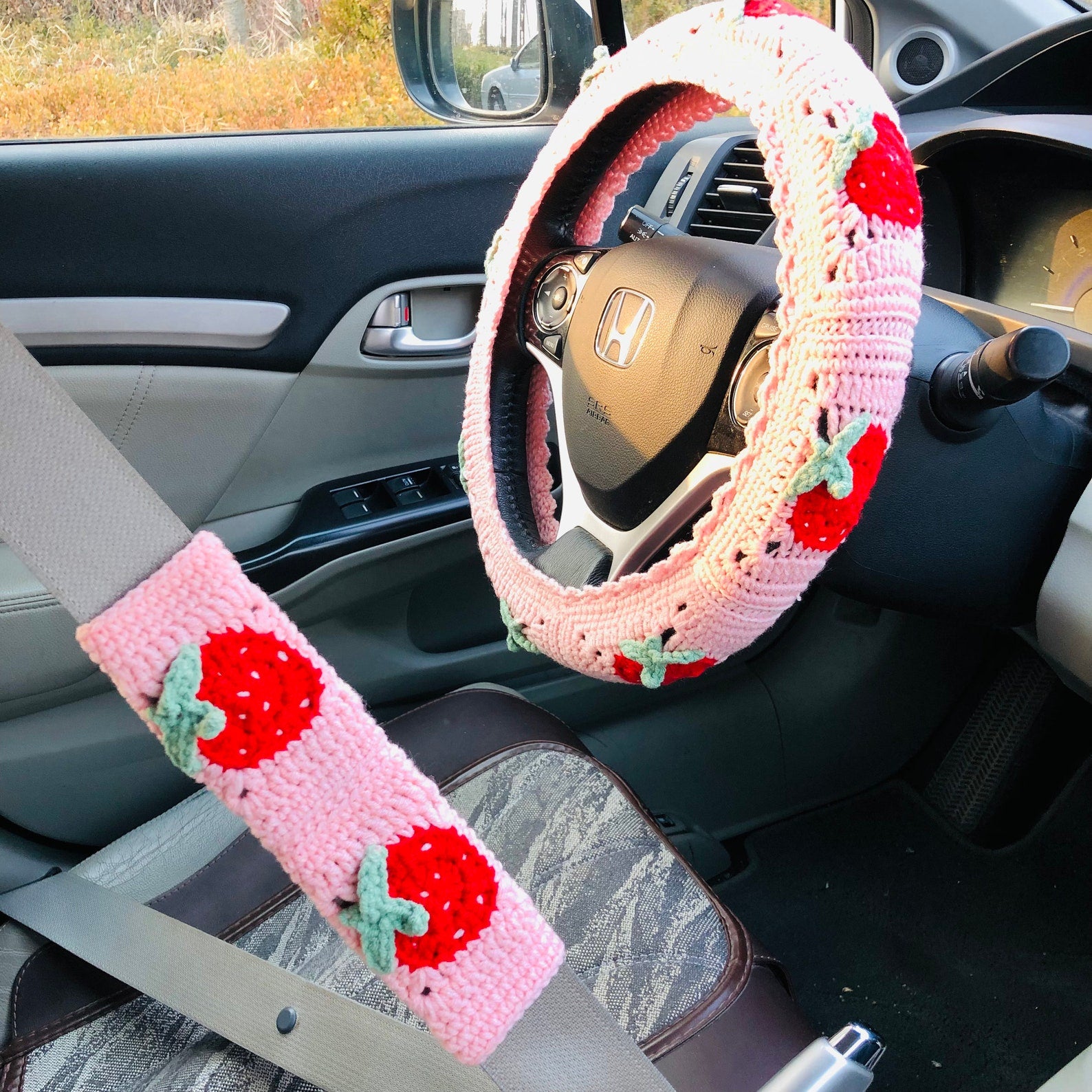 Strawberry Handmade Crochet Steering Wheel Cover Seat Belt S