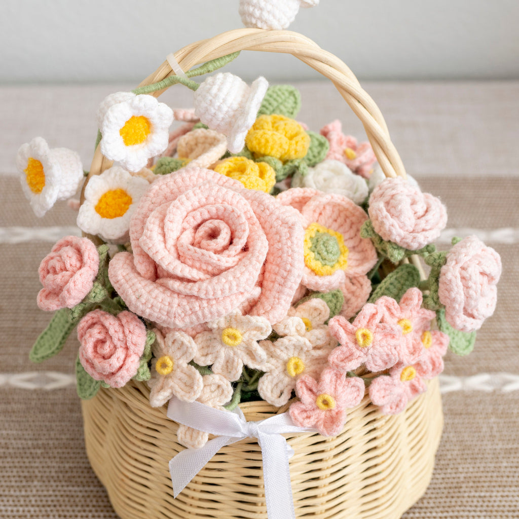 Bridal Bouquet Elegant Crochet Roses Basket Home Decor Gifts For Her