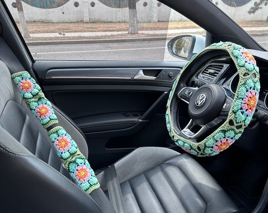 Daisy Crochet Handmade Steering Wheel Cover Seat Belt Cover