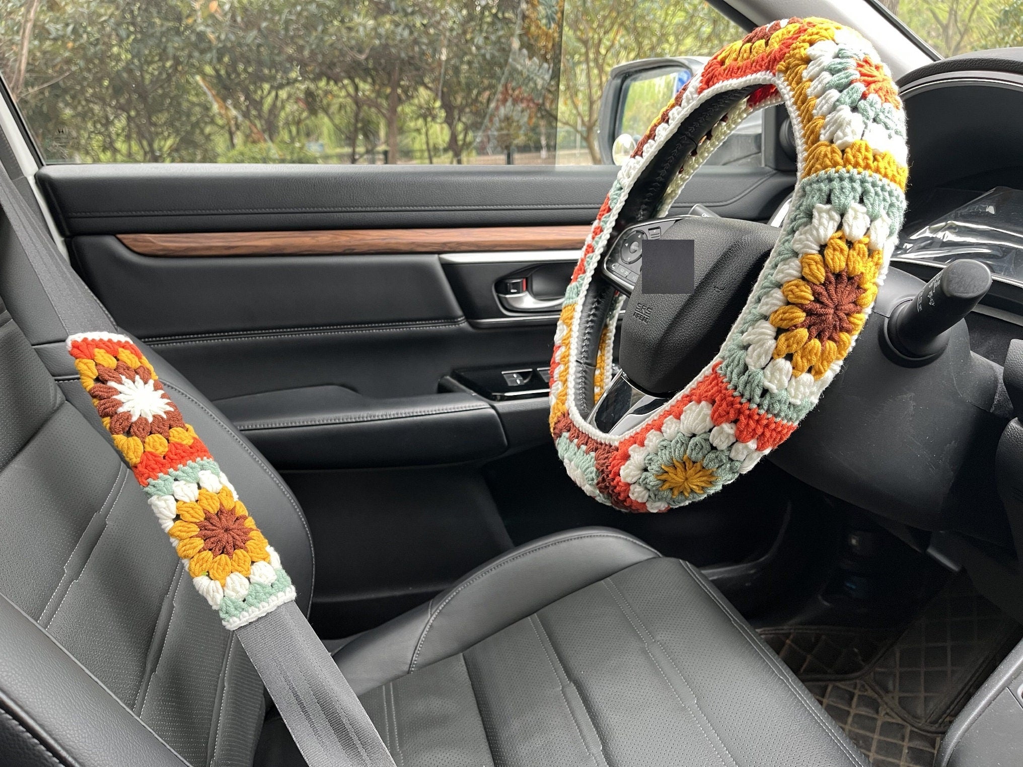 Sunflower Crochet Handmade Steering Wheel Cover Seat Belt Cover