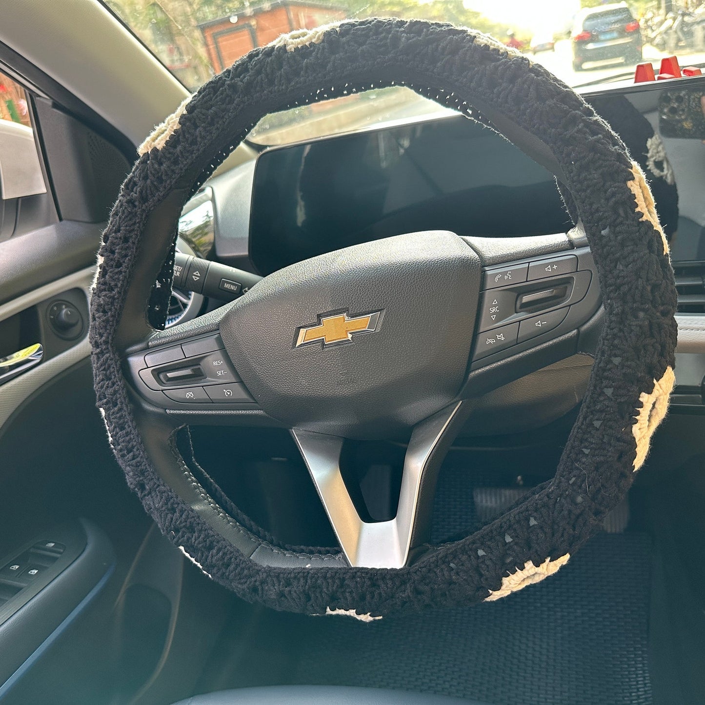 Black Flower Handmade Crochet Steering Wheel Cover Seat Belt Cover