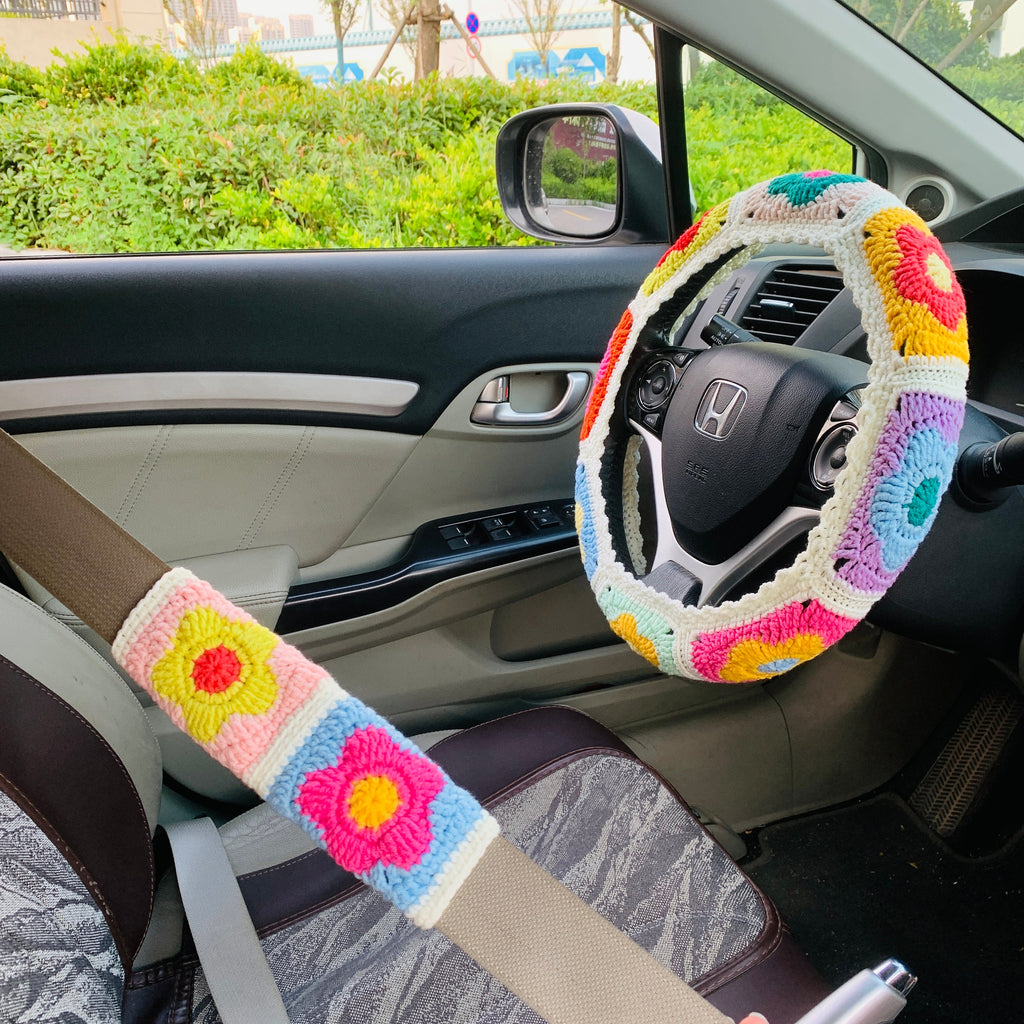Flower Handmade Crochet Steering Wheel Cover Seat Belt Cover