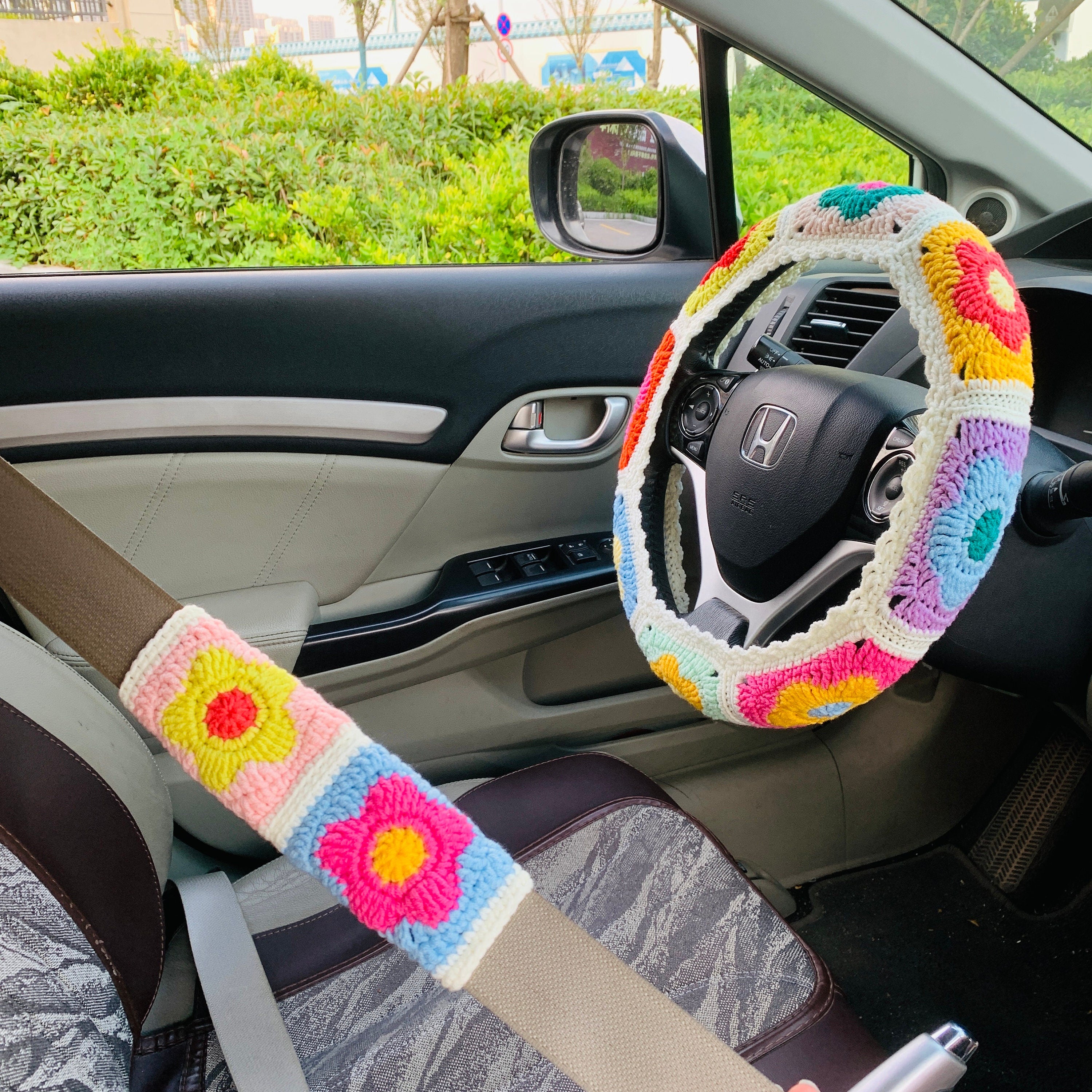 Flower Handmade Crochet Steering Wheel Cover Seat Belt Cover