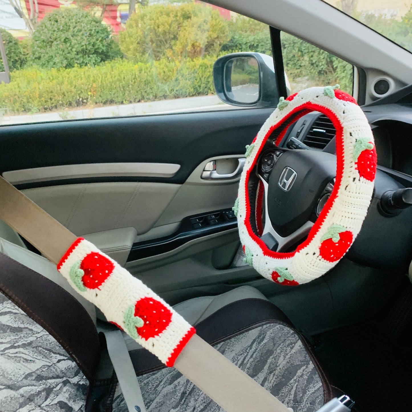 Flower Crochet Handmade Steering Wheel Cover Seat Belt Cover