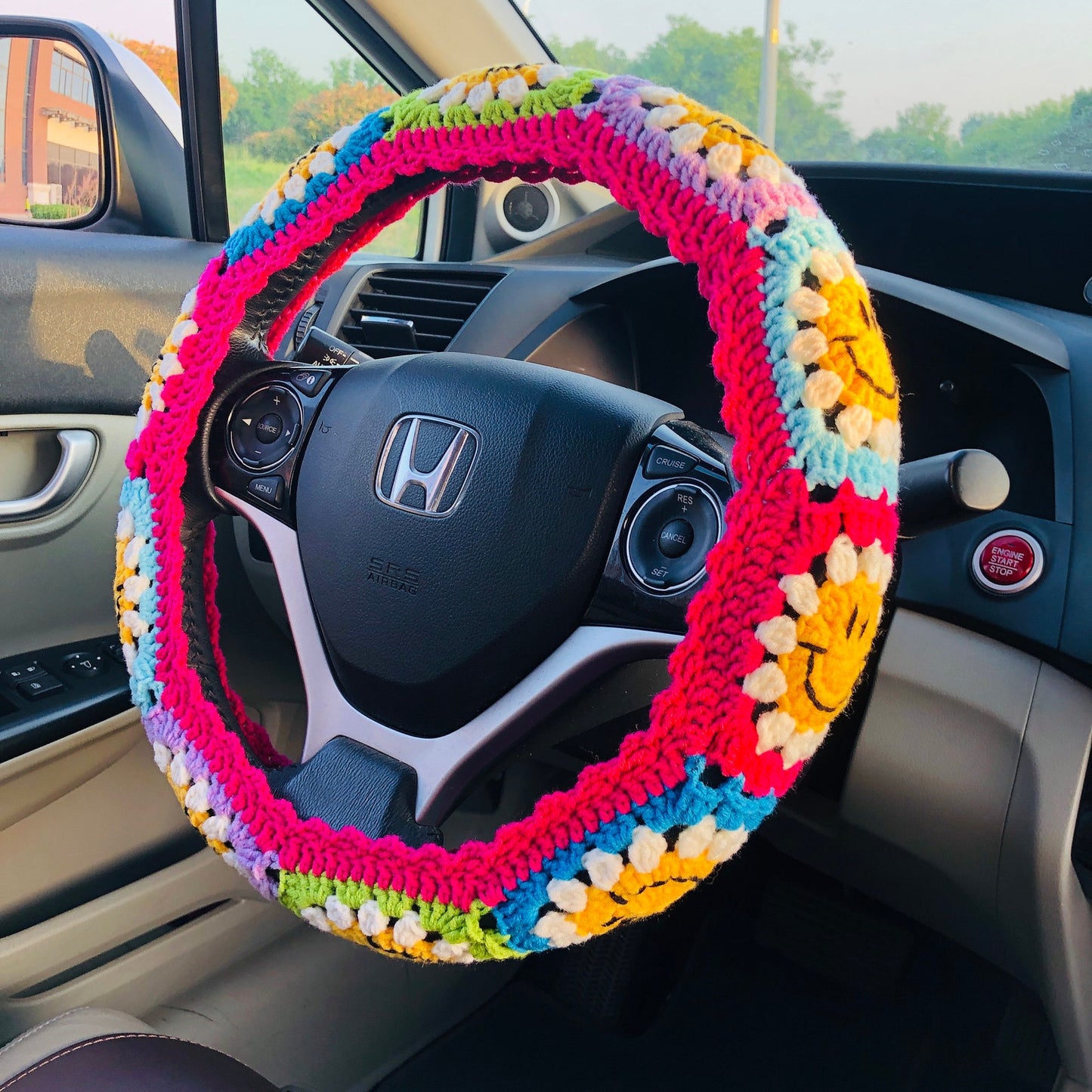 Colorful Happy Handmade Crochet Steering Wheel Cover Seat Belt Cover