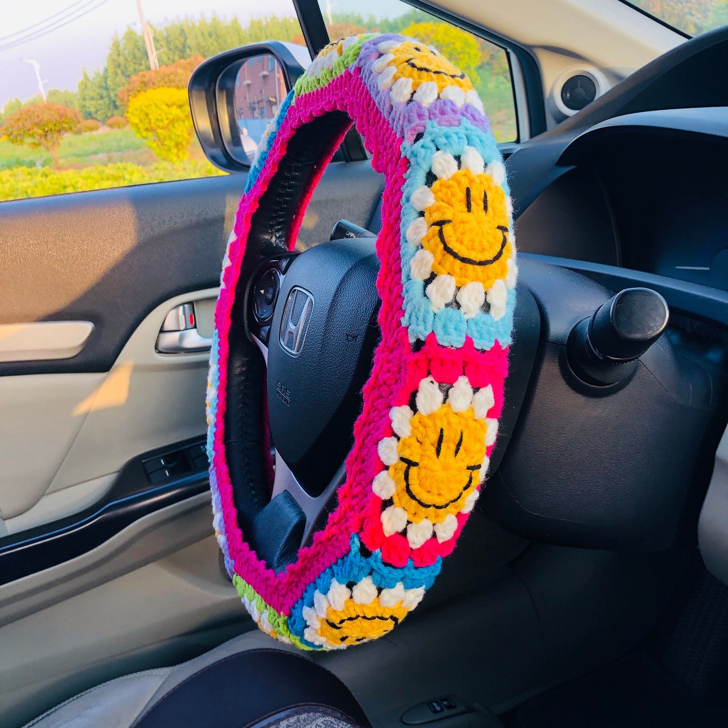 Colorful Happy Handmade Crochet Steering Wheel Cover Seat Belt Cover