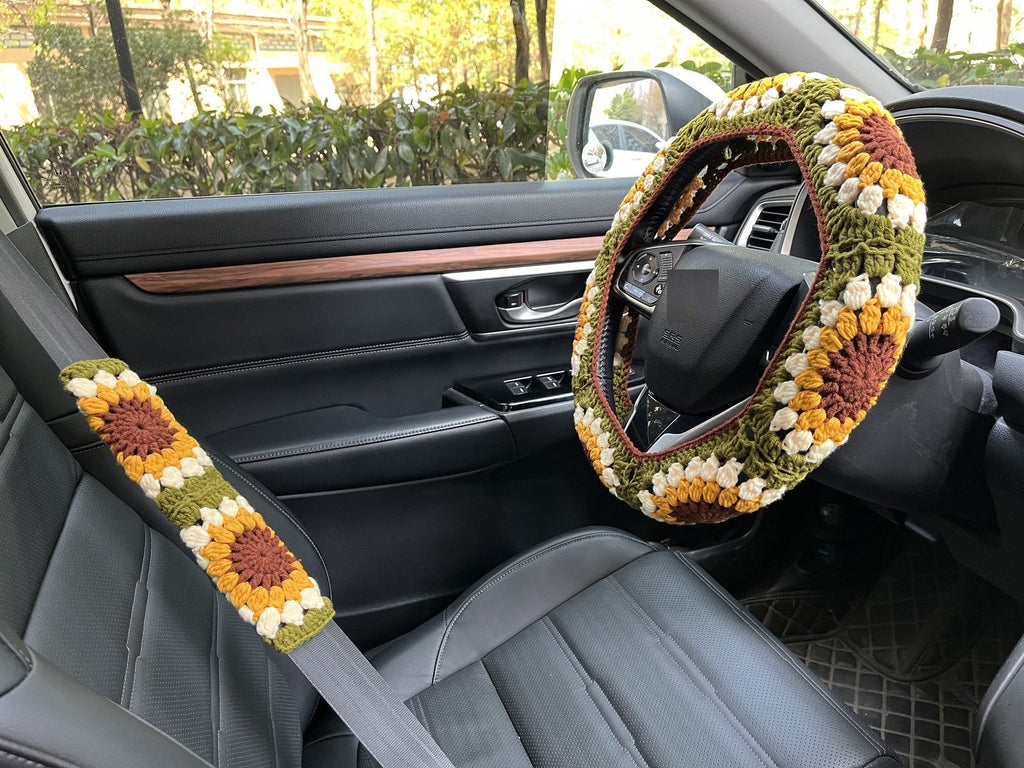 Sunflower Handmade Crochet Steering Wheel Cover Seat Belt Cover