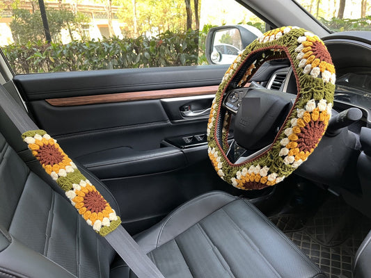 Sunflower Handmade Crochet Steering Wheel Cover Seat Belt Cover