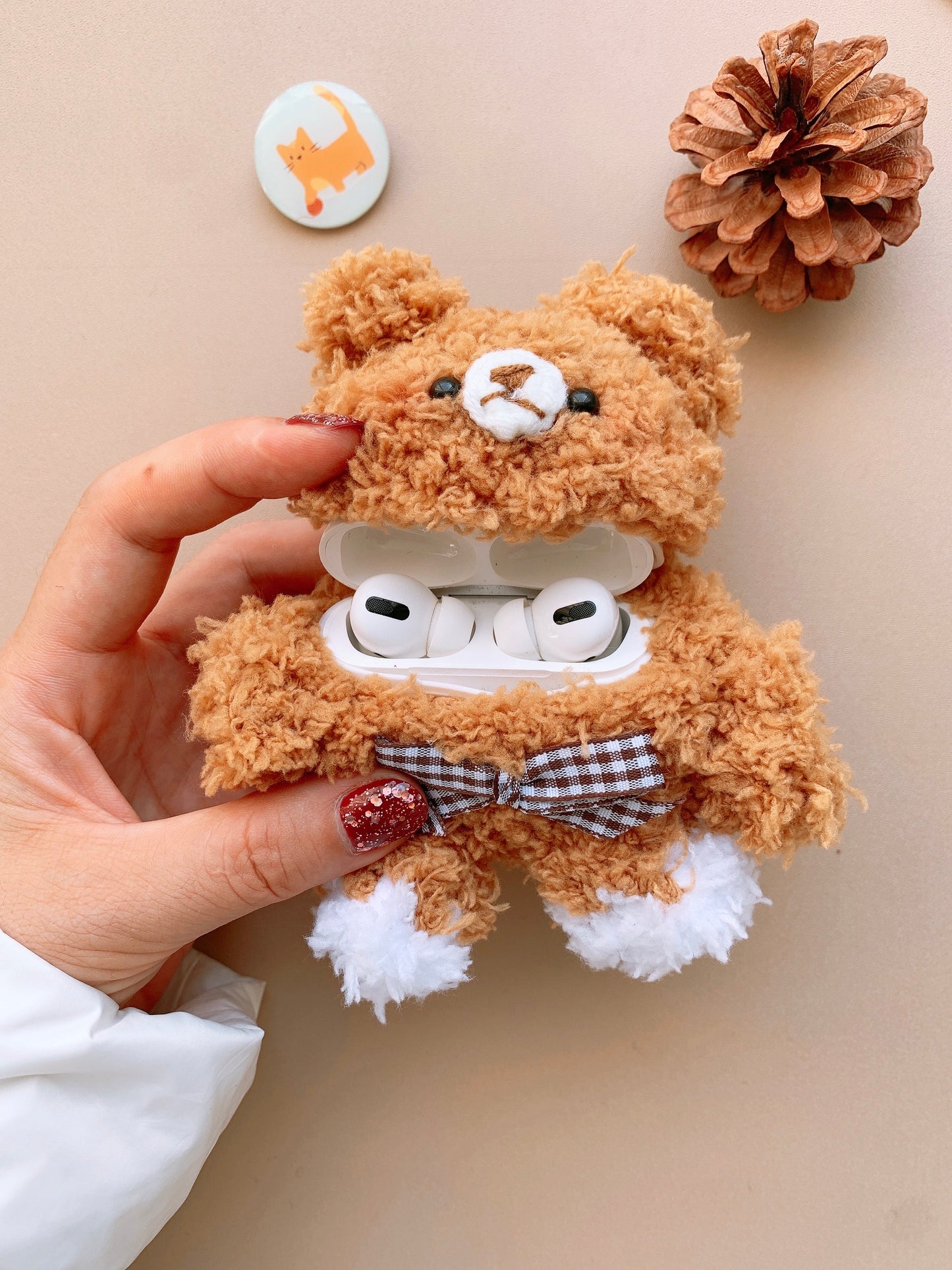 Fluffy Plush Brown Bear Airpods Case