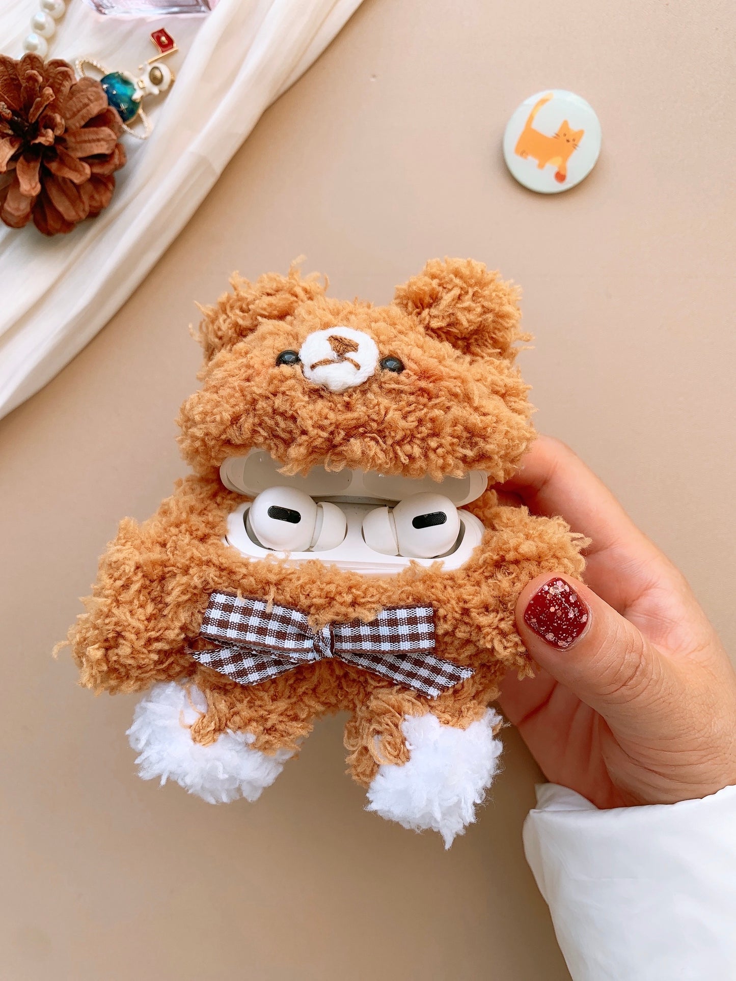 Fluffy Plush Brown Bear Airpods Case