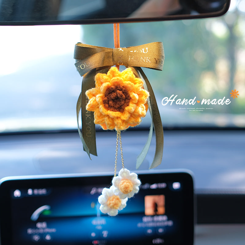 Crochet Hanging Sunflower Car Decor Mirror Hanging Accessories