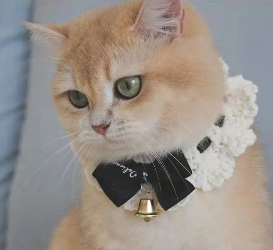 Crochet White Pet Collar Cute Bow Bell Cat Collar
