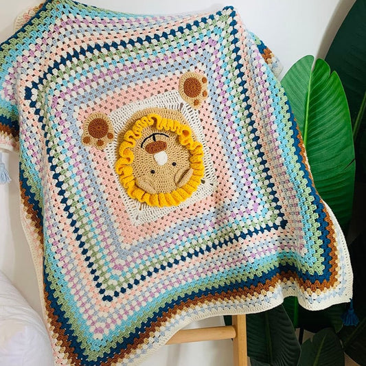 Crochet square frame lion head blanket baby blanket